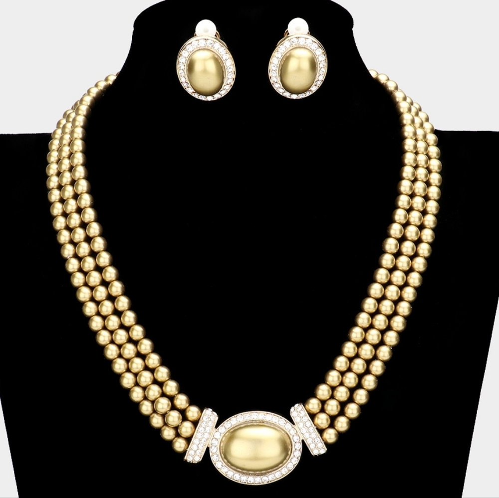 Clear Gold Pearl Oval Trimmed Formal Rhinestone Set